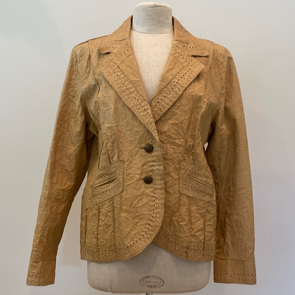 Wilson’s Leather Womens Tan Textured Leather w Die Cut Pattern Border Blazer/ XL - Picture 2 of 15